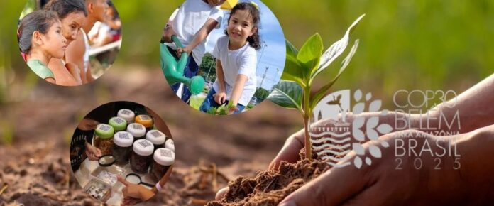 Crianças plantando uma árvore com o logotipo da COP30 Belém para Amazônia Brasil 2025 ao fundo.