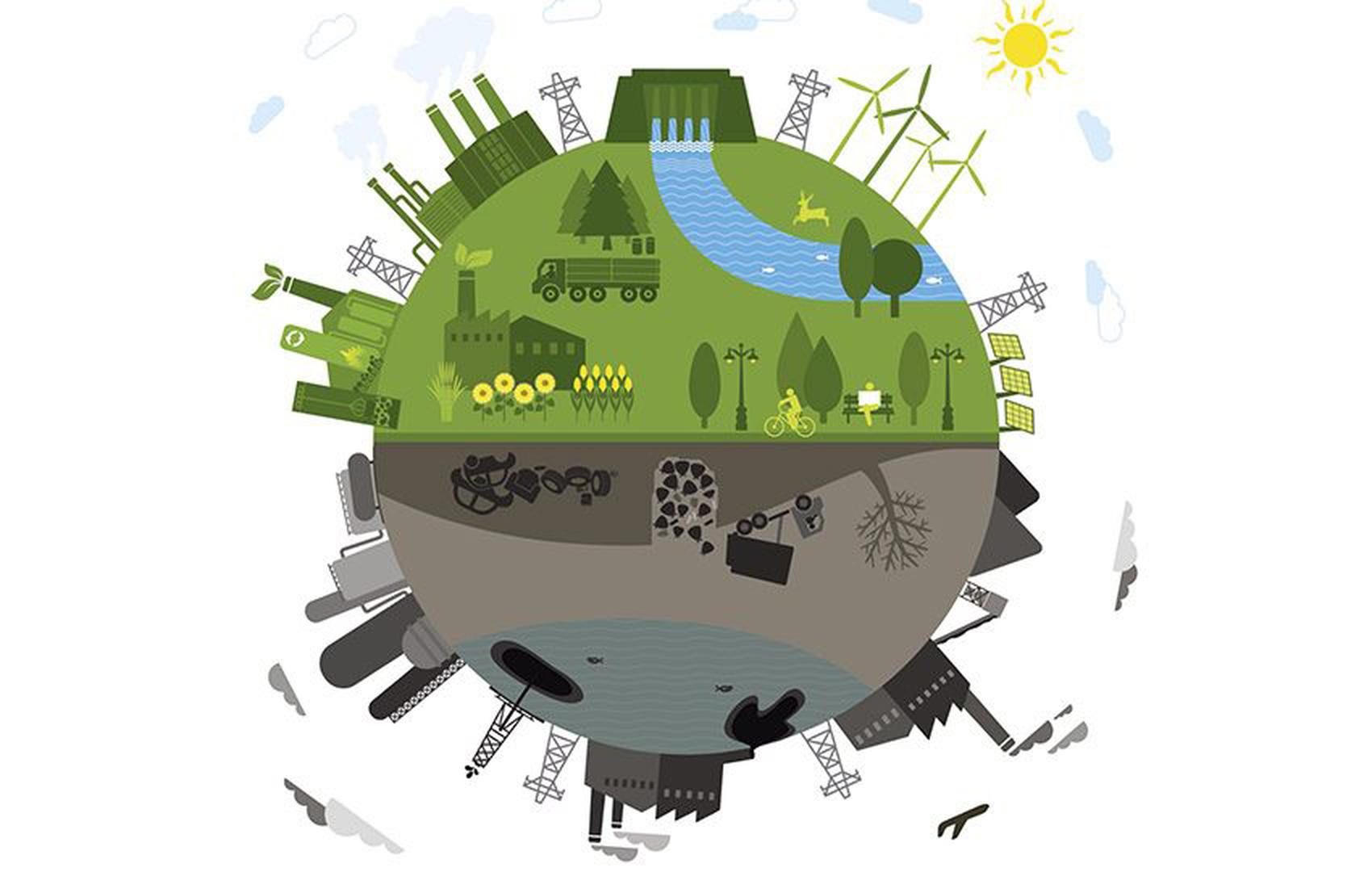 Ilustração de um planeta dividido em duas metades, uma verde e sustentável com símbolos como energia solar, bicicletas e árvores, e a outra cinza e poluída com fábricas e fumaça.