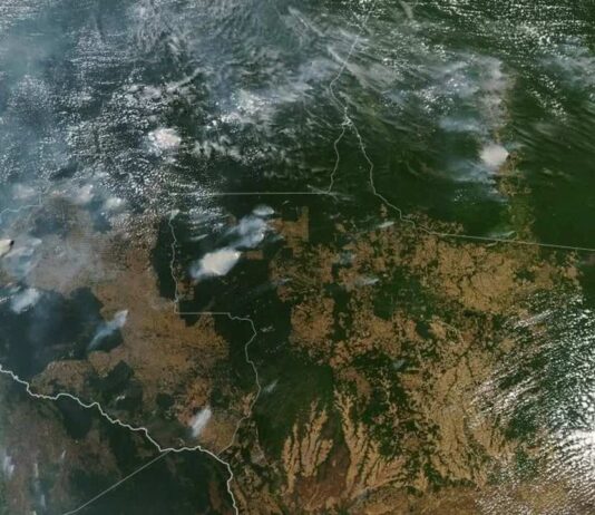 Imagem de satélite mostrando fumaça de queimadas na floresta Amazônia.