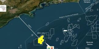 Mapa mostrando a localização do poço 3-BRSA-1396D-SPS na Bacia de Santos, a 248 km de Santos-SP.