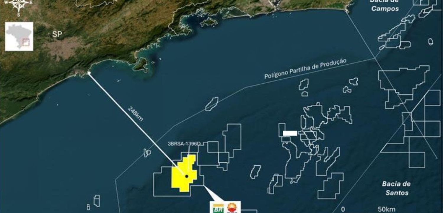 Mapa mostrando a localização do poço 3-BRSA-1396D-SPS na Bacia de Santos, a 248 km de Santos-SP.