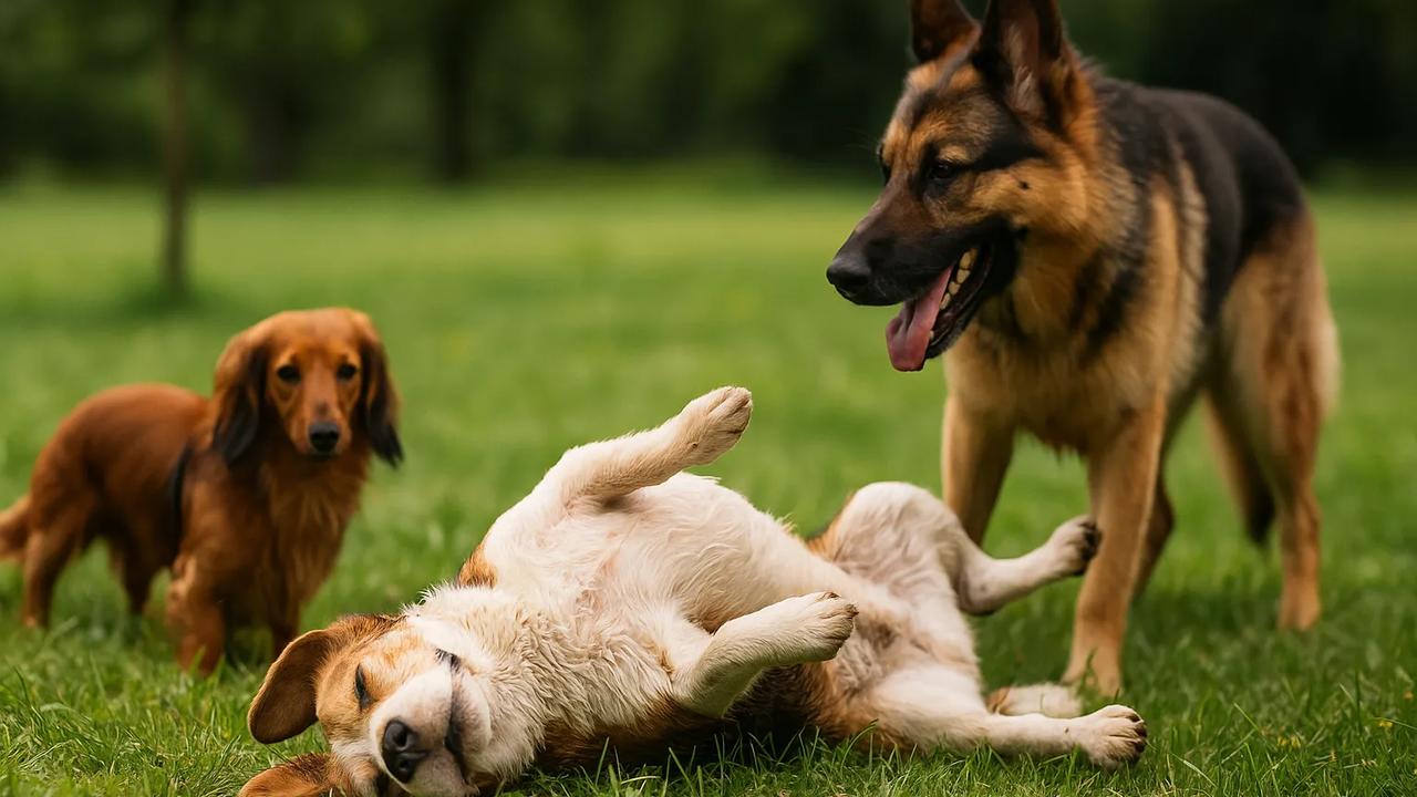 Três cães em um gramado verde. Um pastor alemão de pé, olhando para um beagle que está deitado de costas. Um dachshund está ao fundo à esquerda.