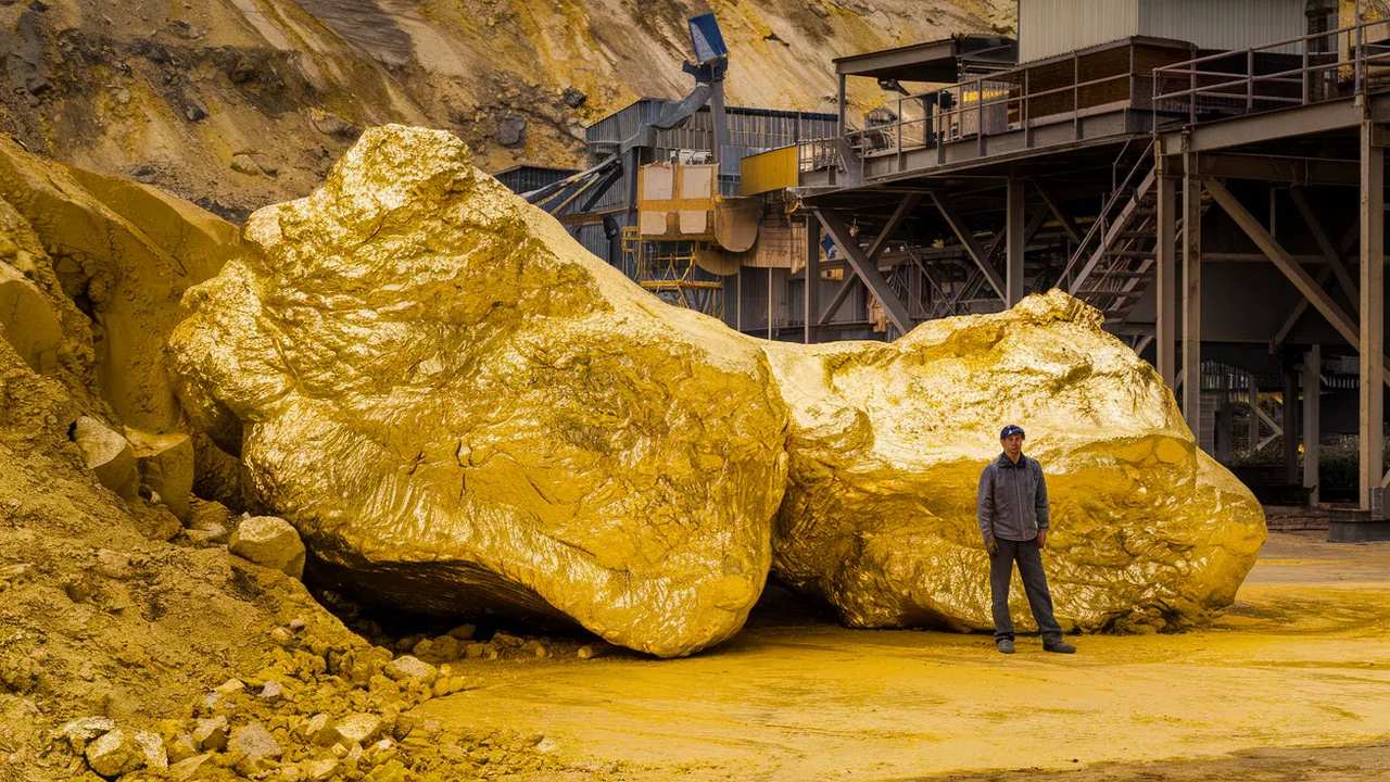 Um homem em pé ao lado de duas grandes rochas douradas em um ambiente industrial.