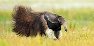 Um tamanduá-bandeira caminhando por um campo verde com vegetação rasteira, seu focinho longo e sua cauda longa e peluda são visíveis.