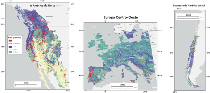 Distribuição das principais categorias de cobertura do solo em 2000 (GLANCE, Friedl et al.,  2022 ) e incêndios florestais de 2002 a 2021 (GlobFire, Artés et al.,  2019 ). 
