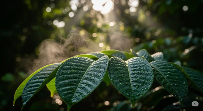A respiração da floresta: vapor d'água essencial para a criação de chuva sendo liberado pelas folhas das árvores na Amazônia