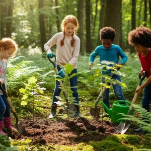 Pequenos cientistas Crianças pesquisando a floresta Pequenos cientistas exploram a biodiversidade da floresta, aprendendo na prática sobre a natureza