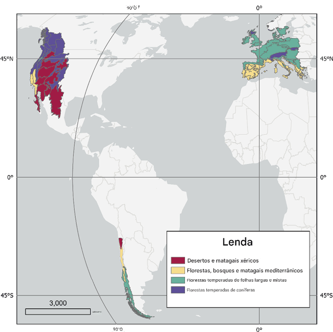 Mapa das áreas de estudo no oeste da América do Norte, centro-oeste da Europa e sudoeste da América do Sul, mostrando a extensão das ecorregiões (TNC,  2009 )