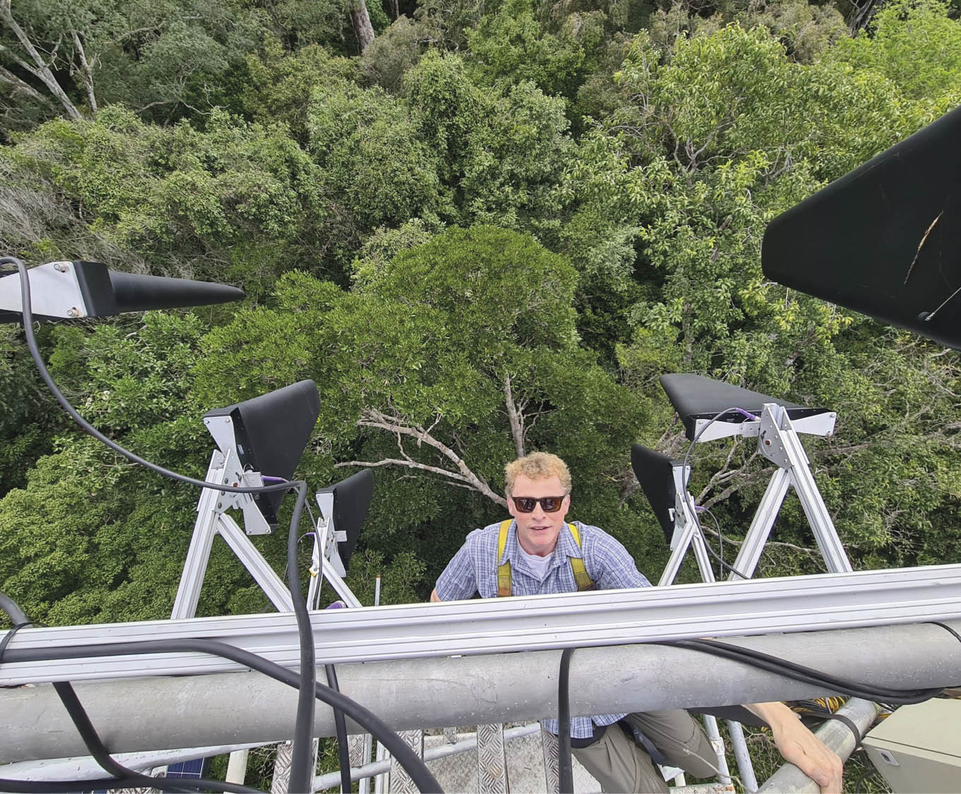 Floresta Amazônica se adapta à seca prolongada, (mas com um custo) perde estoques vitais de carbono 4 Professor Patrick Meir, da Universidade de Edimburgo escalando uma torre de monitoramento que mede gases liberados pela floresta