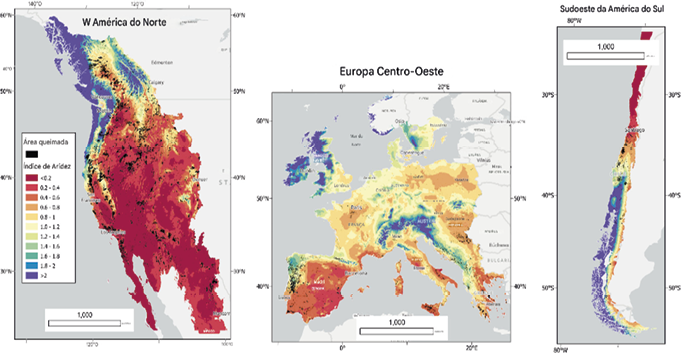Índice médio de aridez anual calculado a partir do Terra Climate, 2002–2021, e áreas queimadas do GlobFire (Artés et al.,  2019 ) para o mesmo período