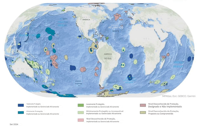 IA e satélites estão ajudando a livrar os mares da Terra da pesca ilegal 2 A proteção conferida pelo status de AMP varia de proteção total — que proíbe quase todas as atividades extrativas e disruptivas — à proteção mínima — que permite uso extensivo, mas pode envolver certos benefícios de conservação