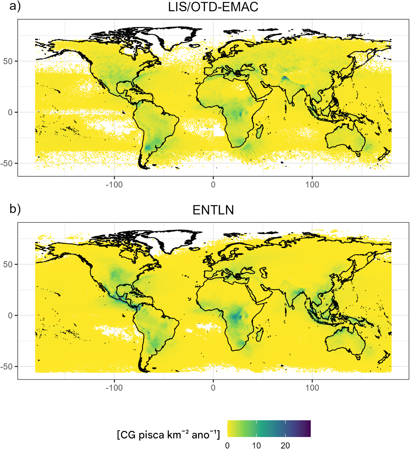 Densidades de raios nuvem-solo de acordo com LIS/OTD-EMAC (ou seja, densidades totais de raios LIS/OTD multiplicadas pelas frações nuvem-solo EMAC) (a) e ENTLN (b).