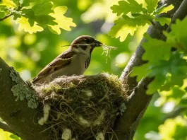 Um pássaro em plena construção do seu ninho