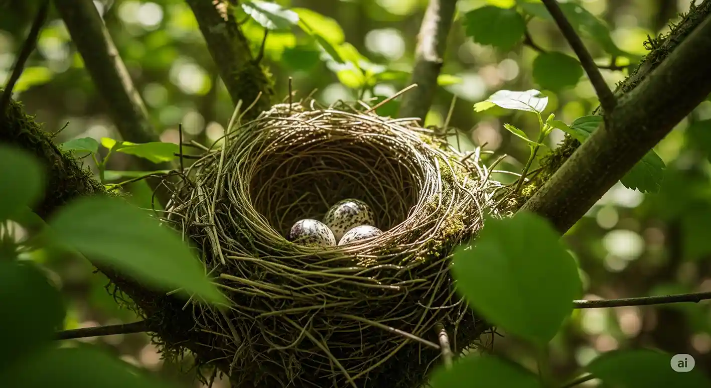 Ninho camuflado com ovos, escondido na folhagem densa