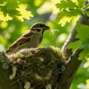 Um pássaro em plena construção do seu ninho