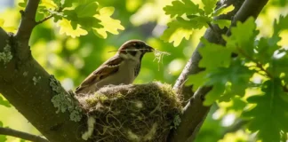 Um pássaro em plena construção do seu ninho