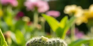 Uma lagarta se alimenta de uma folha verde na horta.