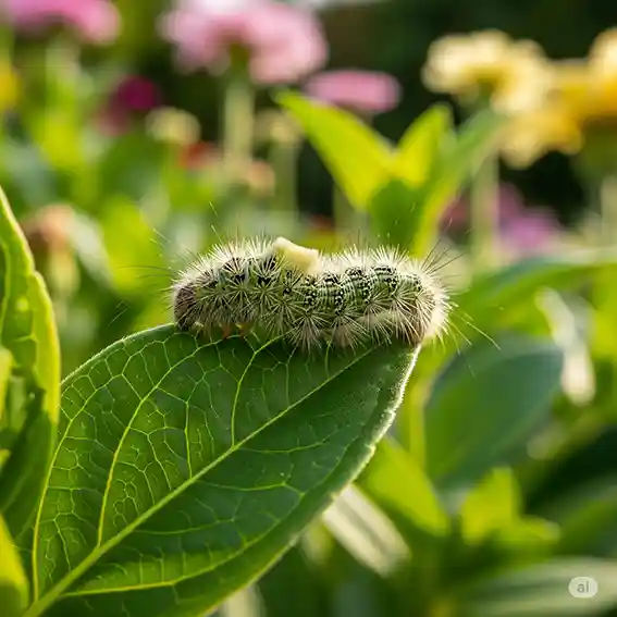 Por que não devemos matar lagartas na horta? 5 Uma lagarta se alimenta de uma folha verde na horta.