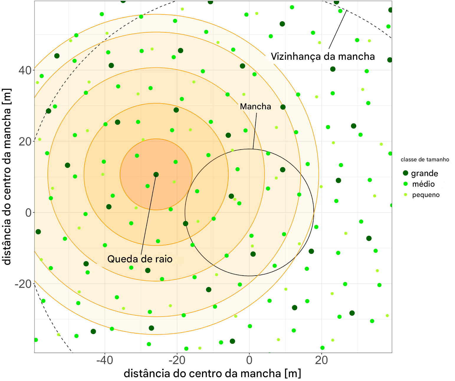Representação esquemática de raios no LPJ-GUESS. Um raio pode matar árvores a até 45 m de distância do local do impacto (Richards et al. 2022 ; Yanoviak et al. 2020 ). Portanto, consideramos não apenas raios dentro de uma área, mas também raios na vizinhança da área, que ainda estão próximos o suficiente para matar árvores dentro da área. Neste exemplo, a densidade de árvores é 0 para árvores pequenas, 0,006 indivíduos por m² para árvores pequenas, 0,012 para árvores médias e 0,004 para árvores grandes