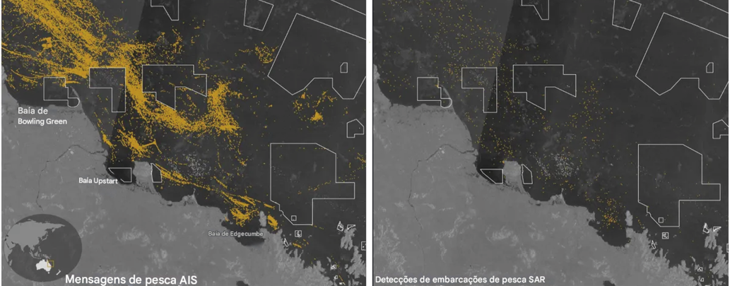 IA e satélites estão ajudando a livrar os mares da Terra da pesca ilegal 4 Uma comparação lado a lado de dados de embarcações pesqueiras na Grande Barreira de Corais detectados via AIS (esquerda) e aqueles detectados por técnicas de radar de abertura sintética, ou SAR (direita)