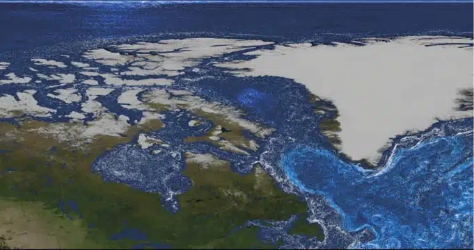 Grande perda de gelo cria fábricas de fertilizantes subaquáticas Correntes oceânicas giram em torno da América do Norte (centro à esquerda) e da Groenlândia (canto superior direito) nesta visualização de dados criada com o modelo ECCO da NASA. A computação avançada está ajudando oceanógrafos a decifrar os pontos críticos de crescimento do fitoplâncton.