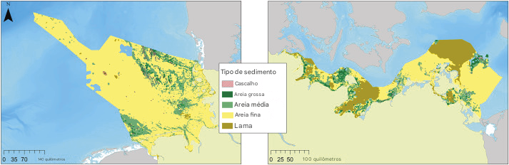 Distribuição e tipo de sedimentos marinhos para o Mar do Norte da Alemanha (esquerda) e o Mar Báltico da Alemanha (direita) . Parte esquerda da figura baseada em Laurer e Zeiler, (2014). Parte direita da figura baseada em BSH, (2016) 