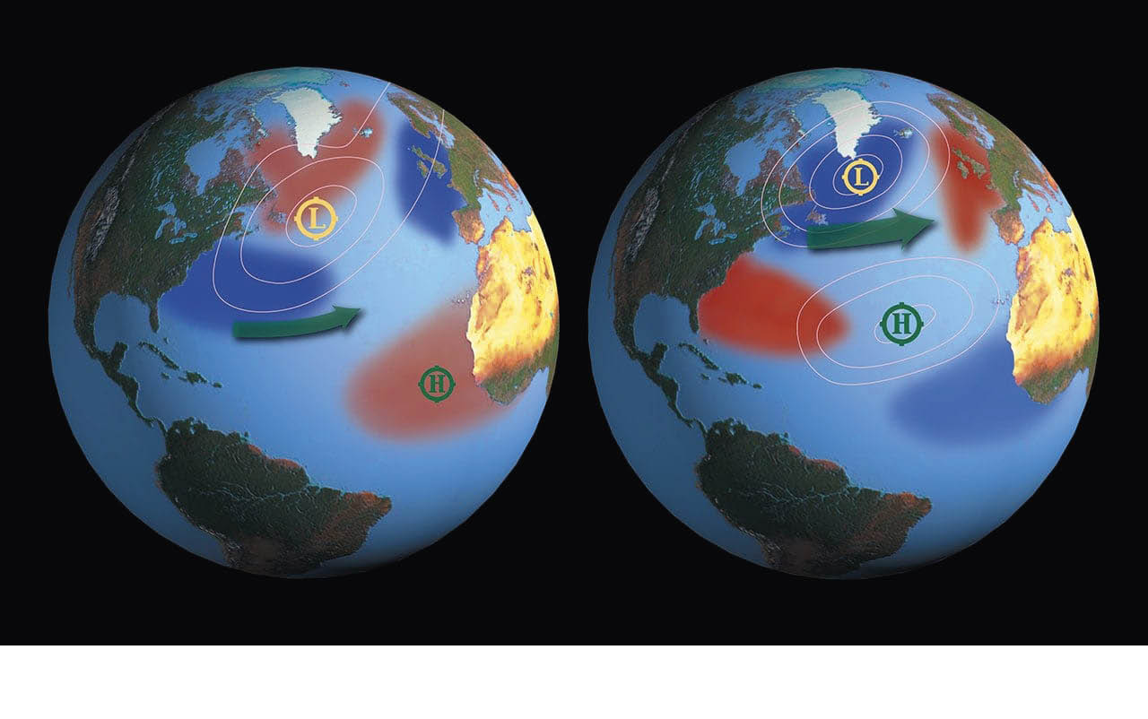 Estes mapas globais centrados no Oceano Atlântico mostram padrões de temperatura da superfície do mar durante os episódios de El Niño (esquerda) e La Niña (direita). As cores ao longo do equador mostram áreas mais quentes ou mais frias do que a média de longo prazo