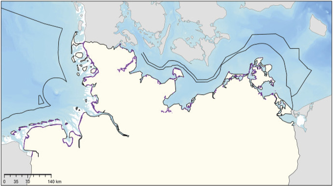 Mapa de distribuição de pradarias de ervas marinhas ao longo das costas do Mar do Norte e do Mar Báltico da Alemanha, fronteira marítima: ZEE alemã