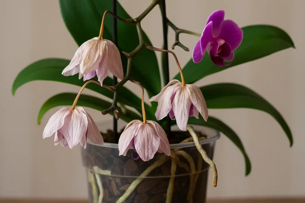 Uma orquídea murcha em um vaso decorativo, sinal de cuidados inadequados que podem ser evitados com as dicas certas