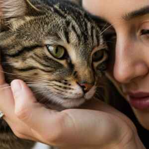 5 sinais que seu gato usa para pedir carinho (e você não percebe) Fotografia de um gato esfregando a cabeça em uma mão humana, demonstrando afeto e pedido de carinho