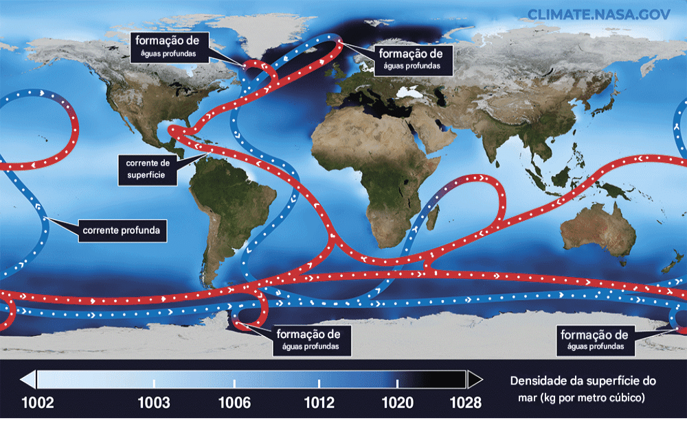 Visualização das correntes oceânicas no Atlântico Norte. As cores mostram a temperatura da superfície do mar (laranja e amarelo são mais quentes, verde e azul são mais frios). Podem começar a entrar em colapso em apenas três décadas Assista o GIF em: Global_Ocean_Circulation_GIF