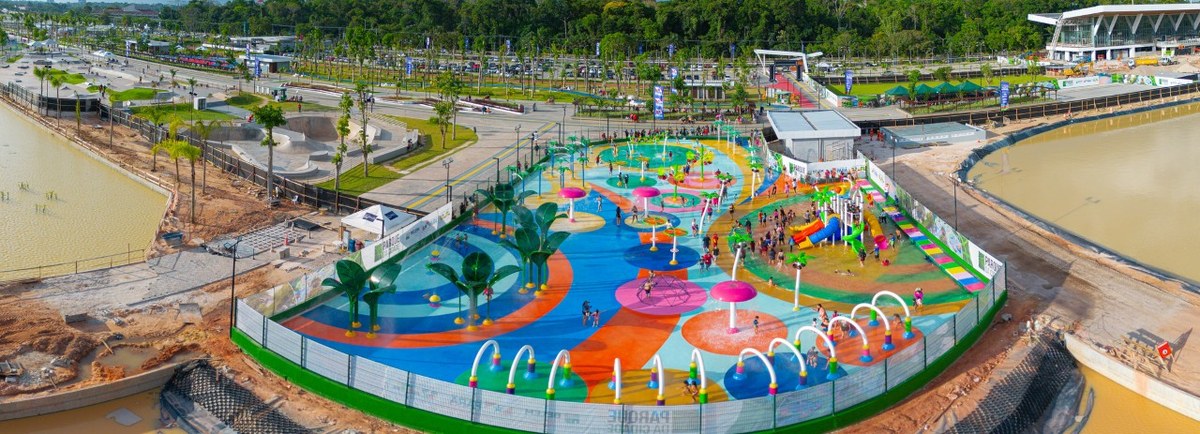 Espaço, que será reaberto ao público após a conferência, conta com parque aquático, quadras esportivas, academias ao ar livre, ciclovias, playgrounds e uma pista de skate de padrão olímpico. Foto: Rafael Medelima | COP30