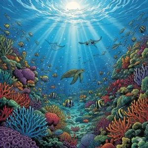 Quatro lições surpreendentes dos recifes de 250 milhões de anos sobre o clima Uma vibrante ilustração no estilo HQ mostrando um recife de coral submerso e cheio de vida marinha. Corais coloridos se estendem pelo fundo do oceano, com diversos peixes, tartarugas e outras criaturas marinhas nadando entre eles. A superfície da água é visível acima, e um sol brilhante ilumina a cena, destacando a beleza e complexidade do ecossistema