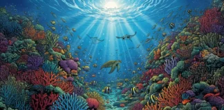 Quatro lições surpreendentes dos recifes de 250 milhões de anos sobre o clima Uma vibrante ilustração no estilo HQ mostrando um recife de coral submerso e cheio de vida marinha. Corais coloridos se estendem pelo fundo do oceano, com diversos peixes, tartarugas e outras criaturas marinhas nadando entre eles. A superfície da água é visível acima, e um sol brilhante ilumina a cena, destacando a beleza e complexidade do ecossistema