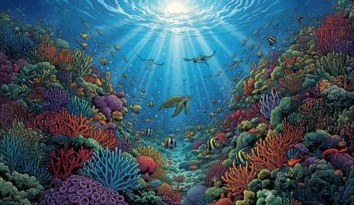 Uma vibrante ilustração no estilo HQ mostrando um recife de coral submerso e cheio de vida marinha. Corais coloridos se estendem pelo fundo do oceano, com diversos peixes, tartarugas e outras criaturas marinhas nadando entre eles. A superfície da água é visível acima, e um sol brilhante ilumina a cena, destacando a beleza e complexidade do ecossistema
