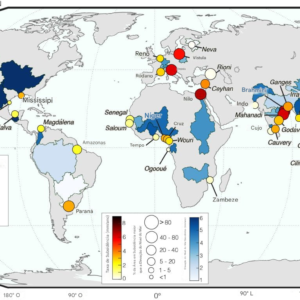 Deltas fluviais da Terra — incluindo o Nilo e o Amazonas — estão afundando mais rápido do que o nível global do mar está subindo Subsidência do solo em deltas fluviais globais. A taxa média de subsidência do solo para 40 deltas, conforme avaliado neste estudo. Cada círculo é codificado por cores de acordo com a respectiva taxa média de subsidência do solo para cada delta. O tamanho do círculo representa a porcentagem da área do delta que está sofrendo subsidência mais rapidamente do que a elevação do nível do mar (ENM). A taxa de ENM para cada região é exibida como um gradiente de cores em toda a bacia hidrográfica do delta (observe que os limites da bacia hidrográfica não representam a extensão da exposição à ENM). Adaptado de Ohenhen et al., Nature, 2026.