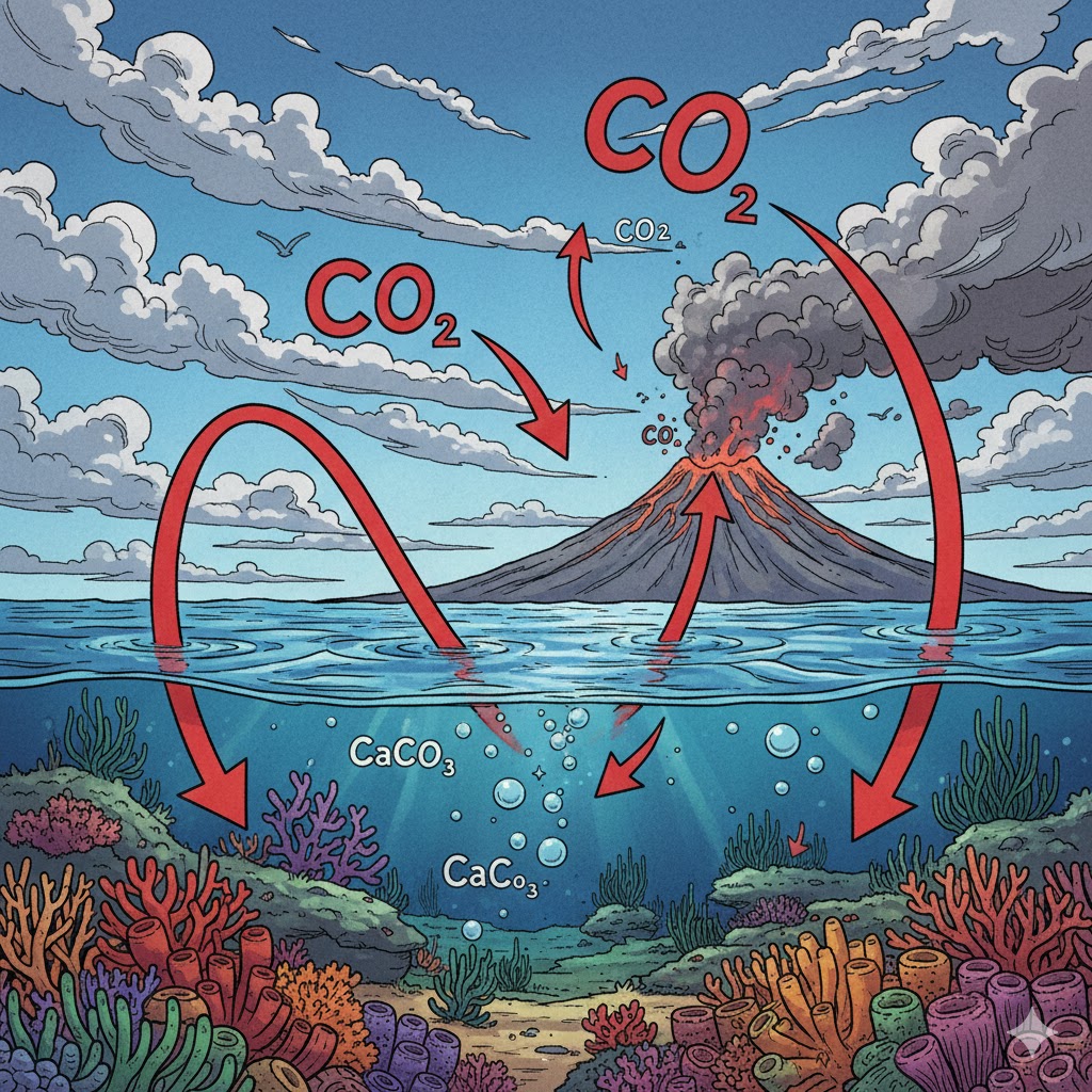 Uma ilustração conceitual no estilo HQ que mostra a interface entre o oceano e a atmosfera. Recifes de coral no fundo marinho liberam bolhas de carbonato de cálcio, enquanto setas indicam o movimento de CO₂ entre a água e o ar. Um vulcão ao fundo à direita e nuvens na atmosfera sugerem a interação de processos geológicos e atmosféricos com os recifes