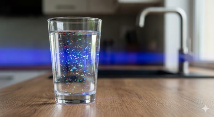Sob a incidência de uma luz forense lateral, um copo de água potável comum revela o que o olho nu ignora: uma suspensão de microfibras e fragmentos sintéticos que driblaram os sistemas de tratamento convencionais. A aparente "pureza" da água que consumimos diariamente mascara uma contaminação microscópica persistente