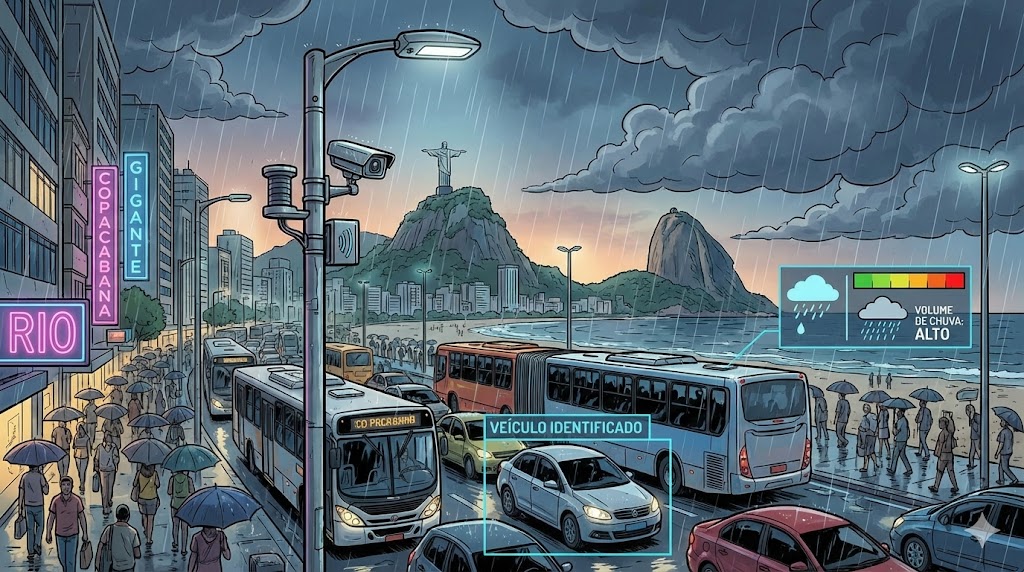 Uma cena de rua movimentada em uma metrópole brasileira durante o crepúsculo, talvez começando a chover. O foco está em um poste inteligente que congrega várias tecnologias: no topo, uma câmera IP moderna com um anel de luz, e abaixo dela, sensores climáticos. No asfalto, um semáforo está verde para uma via congestionada. Sobrepondo a imagem, elementos gráficos digitais mostram a câmera identificando um "Veículo" e um sensor indicando "Volume de Chuva: Alto"
