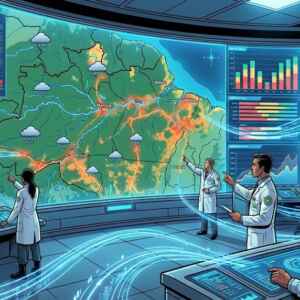 A tecnologia como chave para gerir ambientes urbanos complexos Uma sala de controle de gestão urbana moderna e ampla. Em uma parede gigante de telas (video wall), um mapa digital da cidade exibe diferentes camadas de dados coloridos: áreas de calor indicando trânsito intenso, ícones de nuvens sobre regiões com chuva, e gráficos de barras mostrando análises de dados. No centro, gestores públicos observam os dados estrategicamente. A estética é tecnológica, com luzes azuis e dados fluindo digitalmente