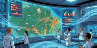 A tecnologia como chave para gerir ambientes urbanos complexos Uma sala de controle de gestão urbana moderna e ampla. Em uma parede gigante de telas (video wall), um mapa digital da cidade exibe diferentes camadas de dados coloridos: áreas de calor indicando trânsito intenso, ícones de nuvens sobre regiões com chuva, e gráficos de barras mostrando análises de dados. No centro, gestores públicos observam os dados estrategicamente. A estética é tecnológica, com luzes azuis e dados fluindo digitalmente