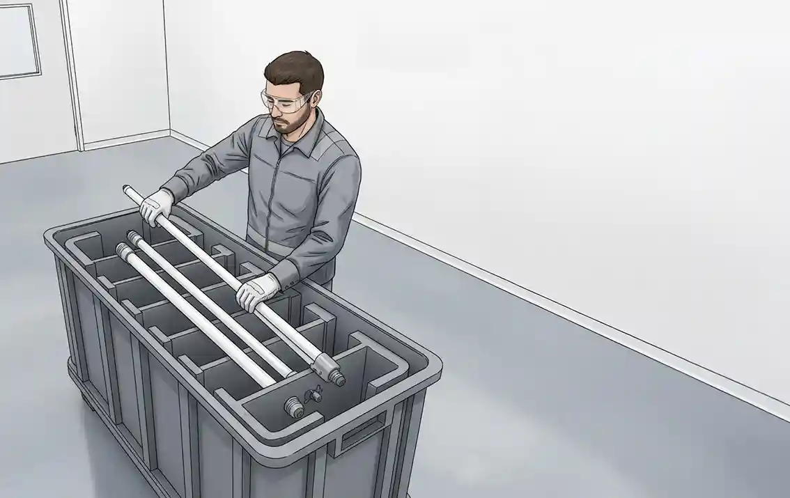 Coleta segura das lâmpadas em embalagens apropriadas, evitando quebras durante o transporte