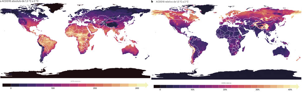 Diferença global de CDD entre cenarios de calentamiento global de 1,5 °C y 2 °C.