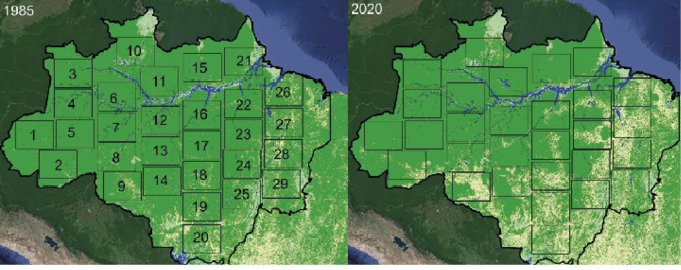 Distribuição espacial da precipitação média anual (unidades: mm por ano) na Bacia Amazônica durante o período de 1980 a 2022. As médias foram calculadas utilizando o conjunto de dados CHIRPS. A Bacia Amazônica está delimitada em preto