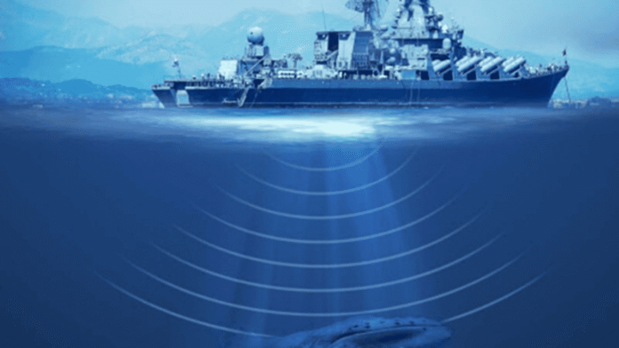 Imagem de sonar mostrando estrutura submersa no leito do rio