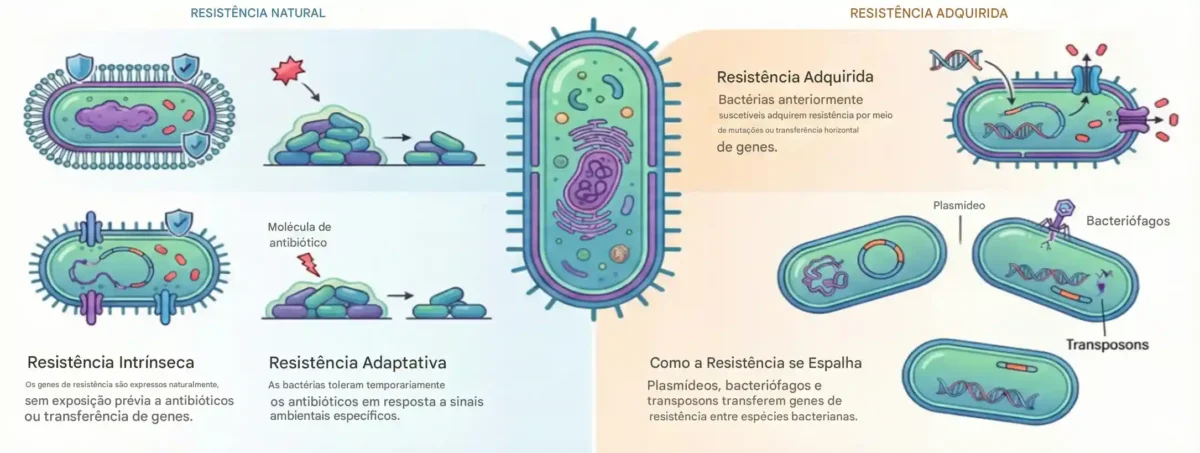 Visão geral da resistência bacteriana natural e adquirida a antibióticos, destacando os mecanismos de tolerância intrínseca e adaptativa, bem como a disseminação da resistência causada por mutação e deficiência horizontalmente por meio de plasmídeos