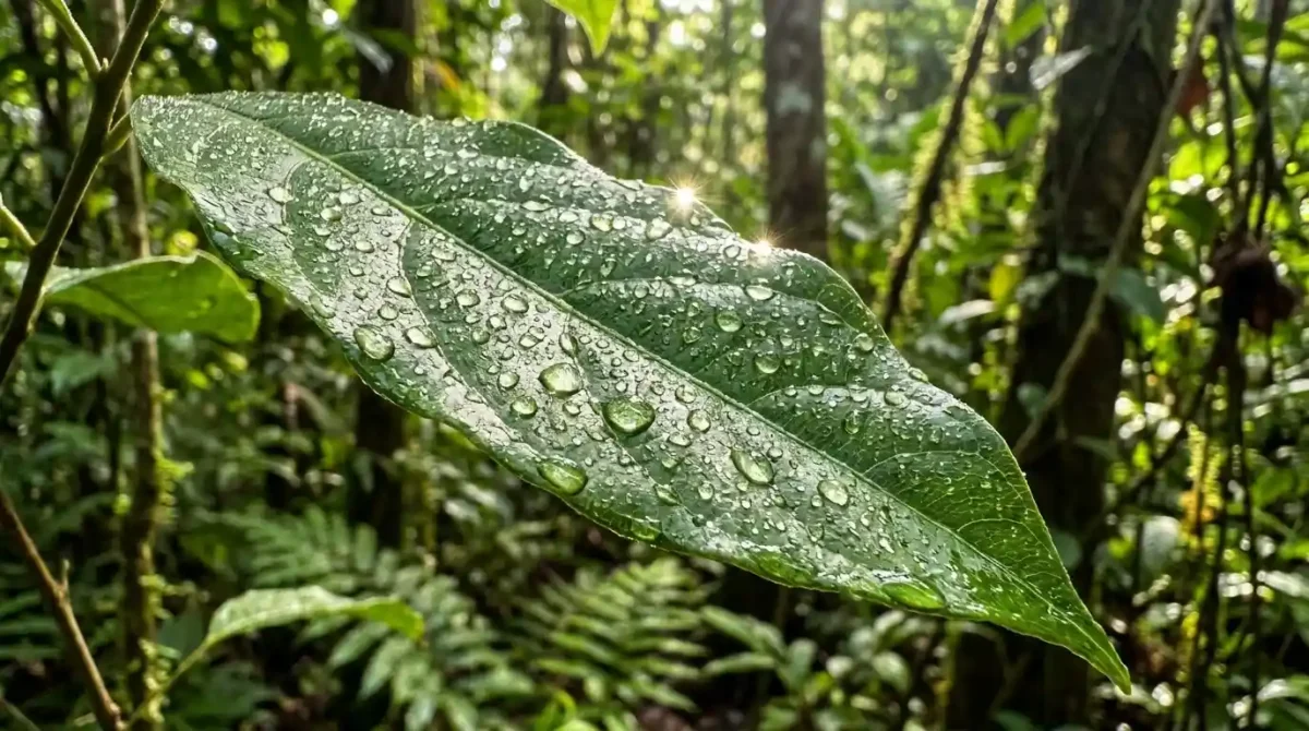 uma folha na floresta amazônica, coberta por gotas de orvalho que refletem a luz solar