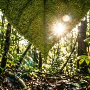 Árvore da Amazônia pode revolucionar cura do câncer As gotas de orvalho penduradas criam um efeito de lente, e você pode ver a floresta e o sol brilhando intensamente por entre elas e as nervuras da folha