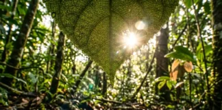 Árvore da Amazônia pode revolucionar cura do câncer As gotas de orvalho penduradas criam um efeito de lente, e você pode ver a floresta e o sol brilhando intensamente por entre elas e as nervuras da folha