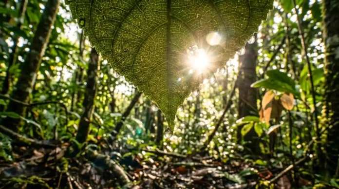 As gotas de orvalho penduradas criam um efeito de lente, e você pode ver a floresta e o sol brilhando intensamente por entre elas e as nervuras da folha
